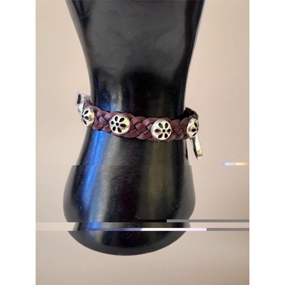 Brighton Daisy Bandit Bracelet- brown braided leather- silver round charms - Picture 2 of 7